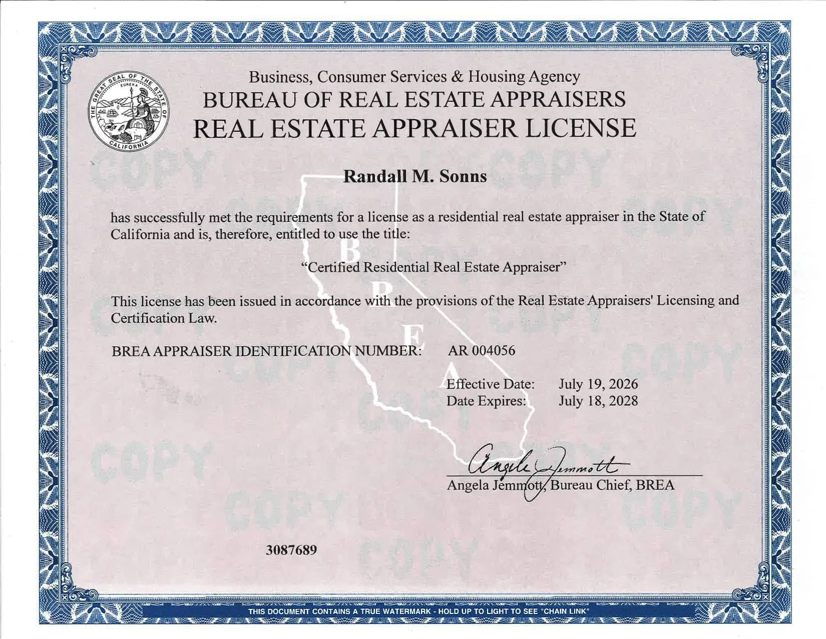 Scan of the California Bureau of Real Estate Appraisers license for Randall M. Sonns, Certified Residential Real Estate Appraiser, appraiser number AR 004056, effective July 19, 2026, expires July 18, 2028, marked COPY