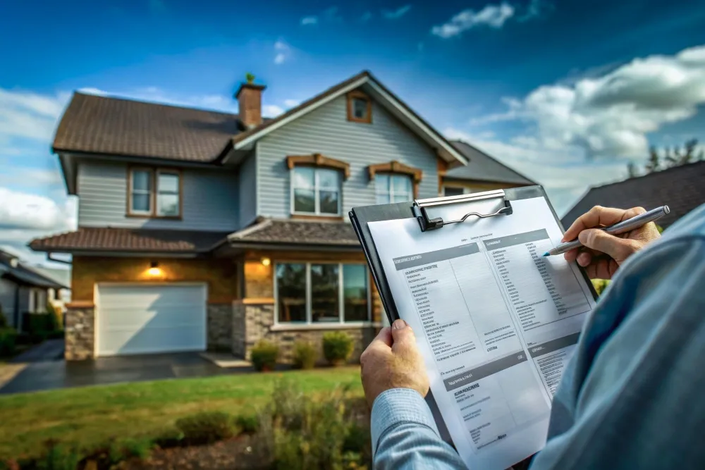 A person holding a property checklist in front of a house (illustrative)