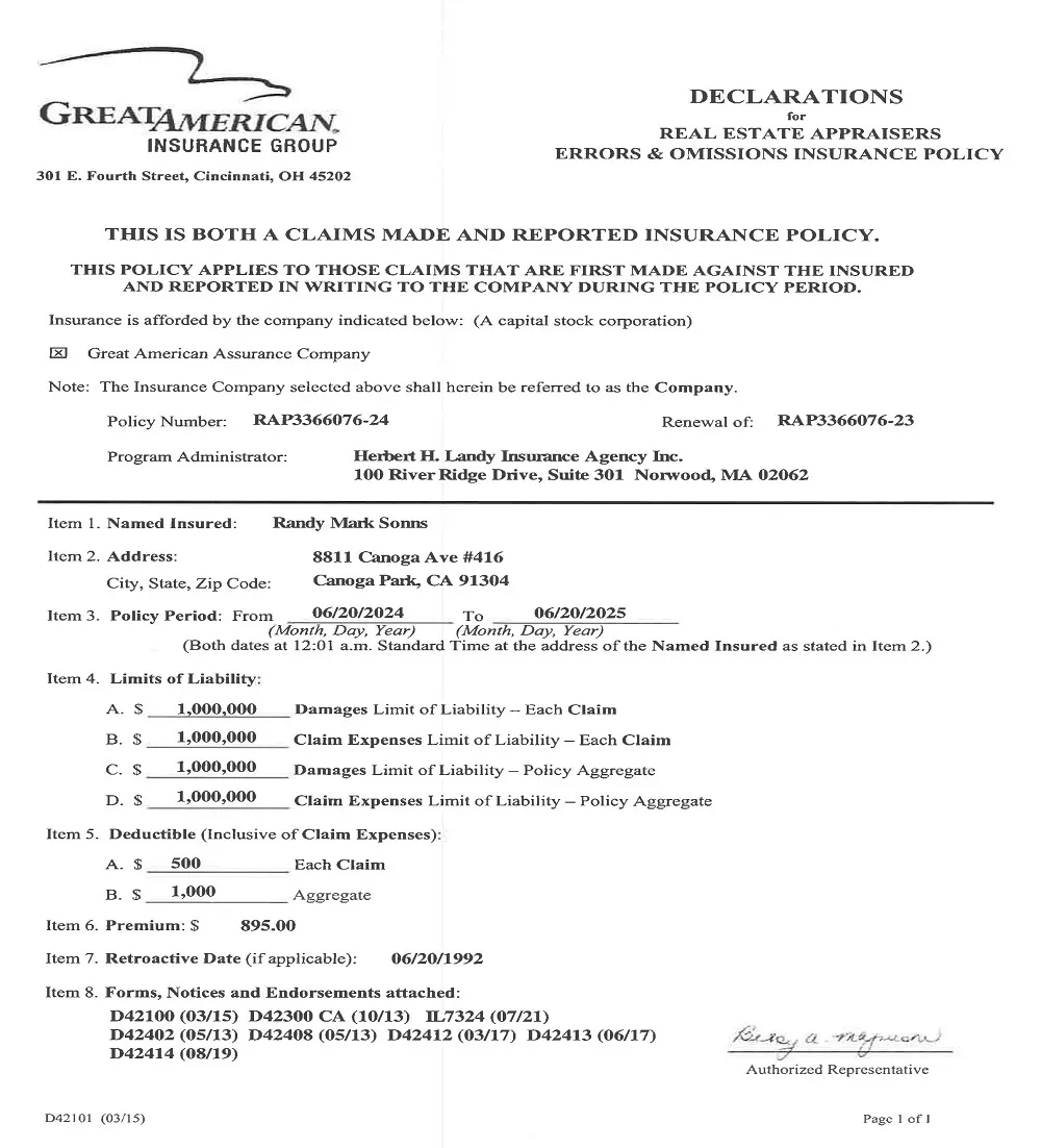 Scan of a Great American Insurance Group declarations page for a real estate appraisers errors and omissions policy, policy period June 20, 2024 to June 20, 2025