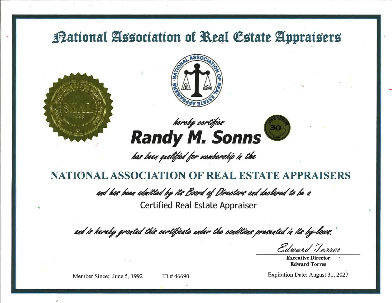 Scan of a National Association of Real Estate Appraisers membership certificate for Randy M. Sonns, member since June 5, 1992, expiration date August 31, 2027
